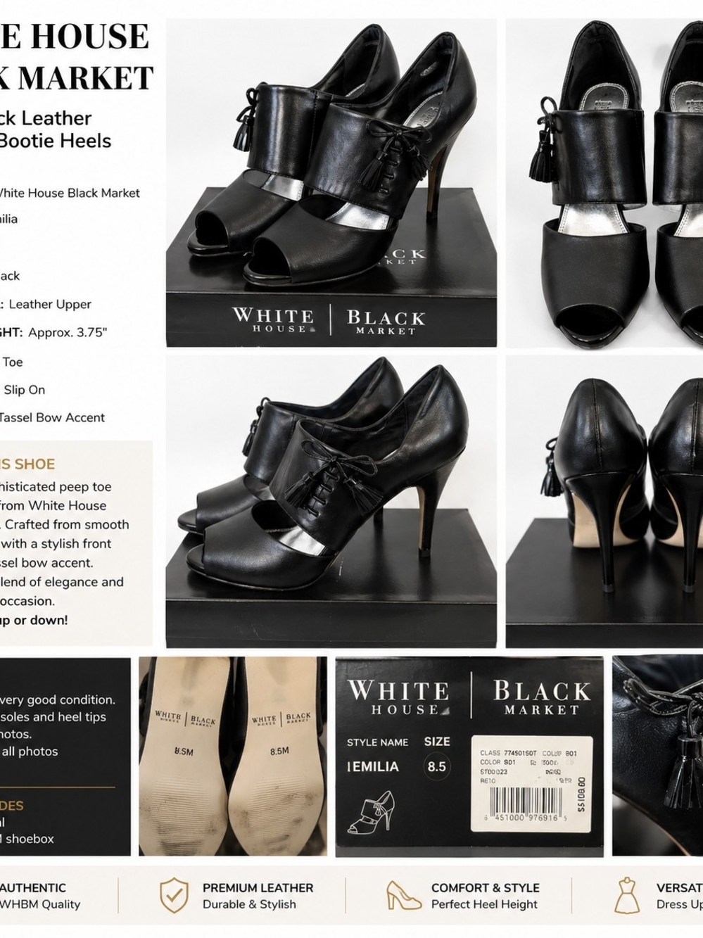 WHBM Emilia Black Peep Toe Tassel Heels Pumps Size 8.5